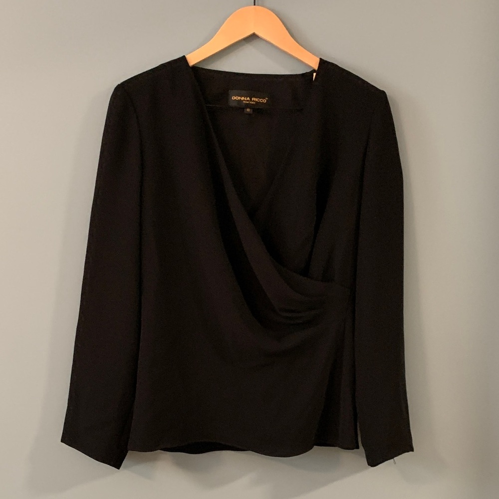Donna Ricco Black Draped V-Neck Long Sleeve Blouse and pant suit